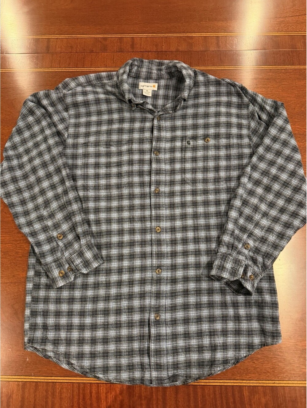 Carhartt Mens XL Plaid Flannel Shirt Gray Black 100% Cotton Long Sleeve